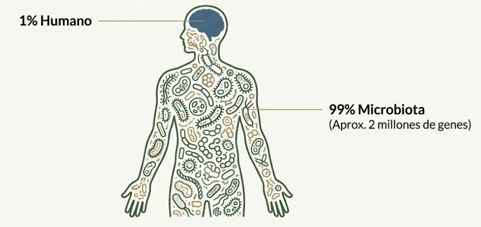 Infografía sobre el microbioma humano y la proporción de genes bacterianos.
