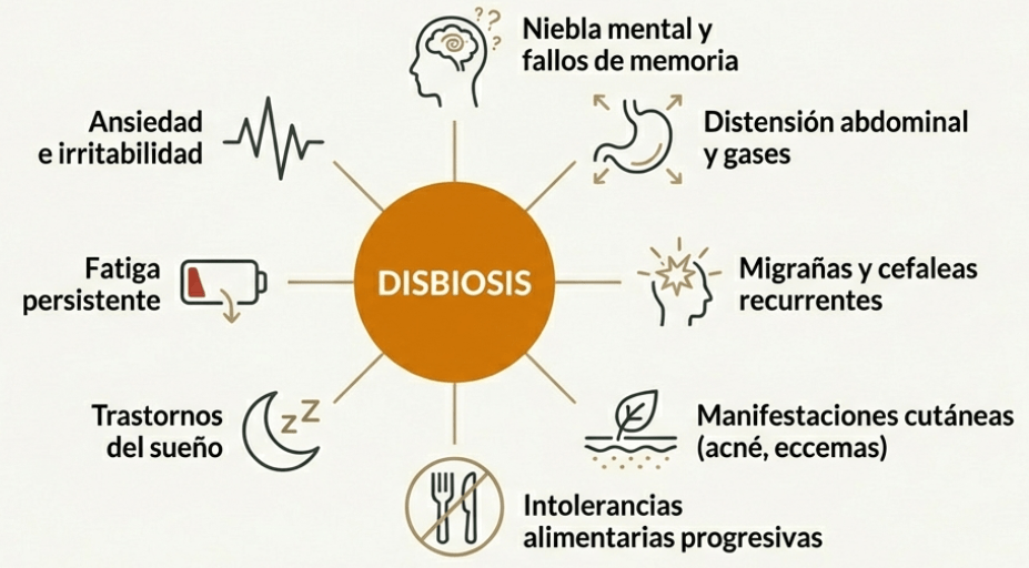 Diagrama de síntomas de disbiosis intestinal: ansiedad, fatiga y problemas cutáneos.