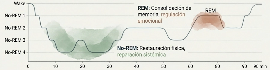 Gráfico de fases del sueño REM y No-REM y funciones de restauración.