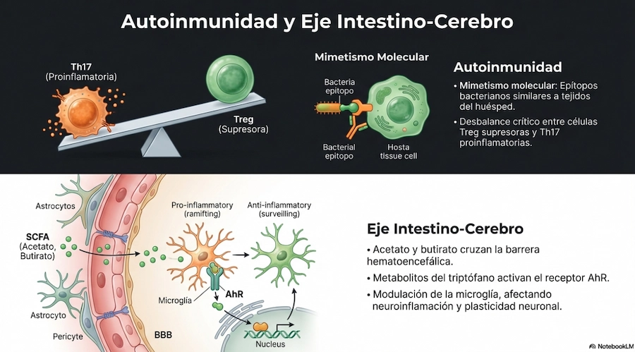 Esquema del eje intestino-cerebro y su relación con la autoinmunidad y microbiota.