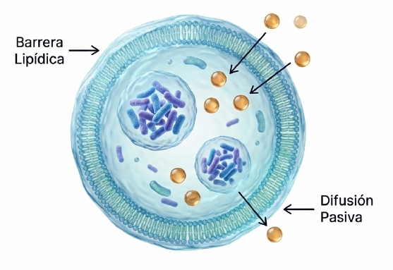 Ilustración de difusión pasiva de moléculas lipofílicas a través de la bicapa lipídica celular.
