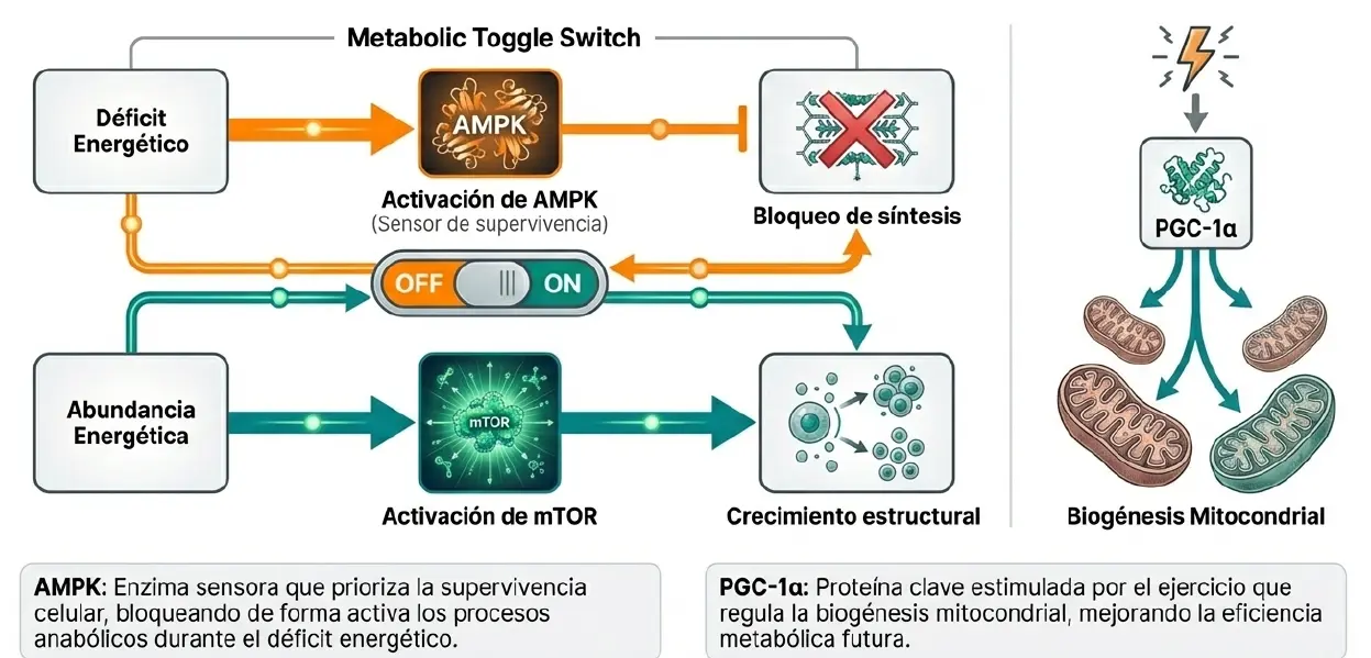 Switch metabólico AMPK vs mTOR: Balance entre ahorro energético y síntesis de tejido muscular.