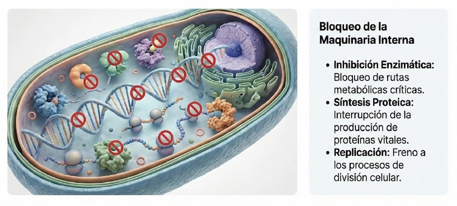 Infografía de mecanismos de acción bacteriana: inhibición enzimática, síntesis proteica y replicación.