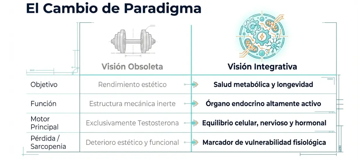 Cambio de paradigma - Visión obsoleta y visión integrativa Evolución del paradigma médico: de rendimiento estético a salud metabólica y longevidad muscular.