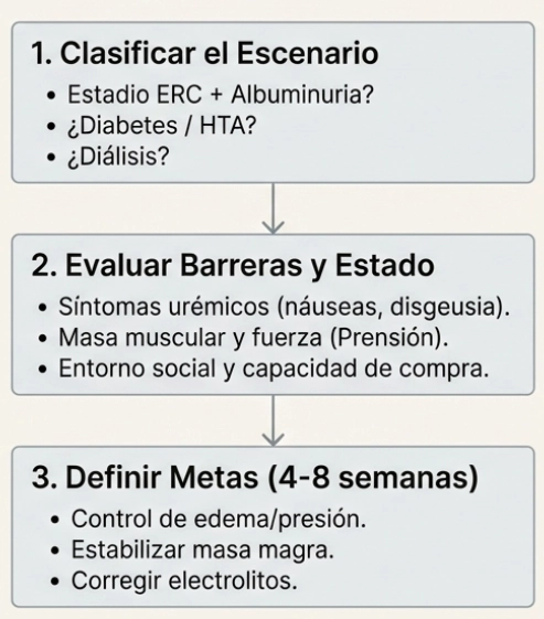 Pasos para la planificación nutricional clínica en enfermedad renal.
