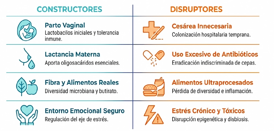 Factores constructores y disruptores de la microbiota y salud intestinal en la infancia temprana.