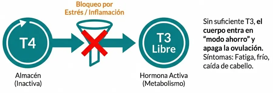 Conversión de hormona tiroidea T4 a T3 libre y bloqueo por inflamación.