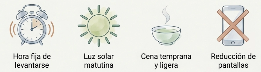 Hábitos de higiene del sueño: luz solar, cenas ligeras y reducción de pantallas.
