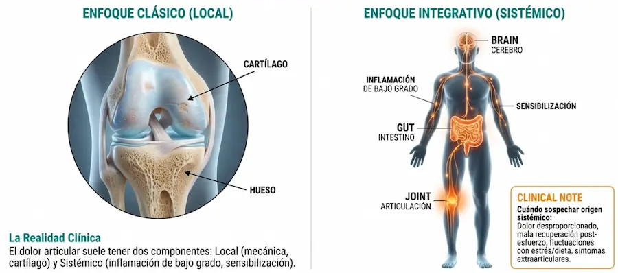 Comparativa entre enfoque médico clásico fragmentado y enfoque integrativo sistémico.