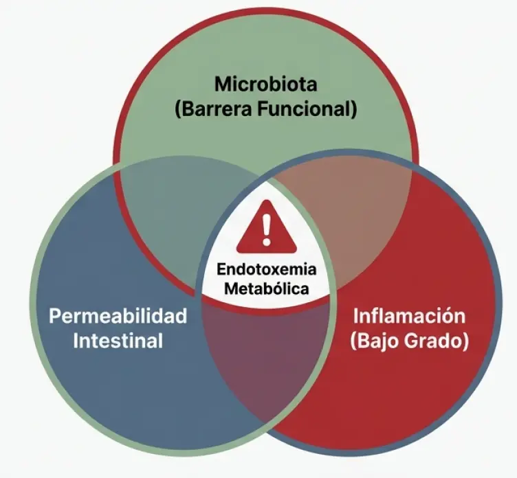 Tríada de endotoxemia metabólica: microbiota, permeabilidad e inflamación de bajo grado.