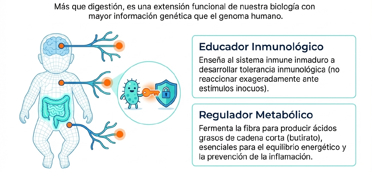 Diagrama de funciones de la microbiota: educación inmunológica, regulación metabólica y función barrera.