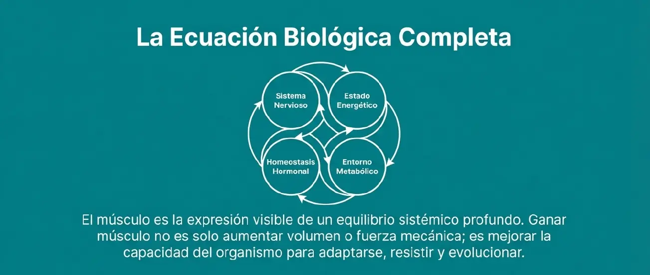 Ecuación biológica completa de la salud muscular: equilibrio sistémico entre entorno y homeostasis.