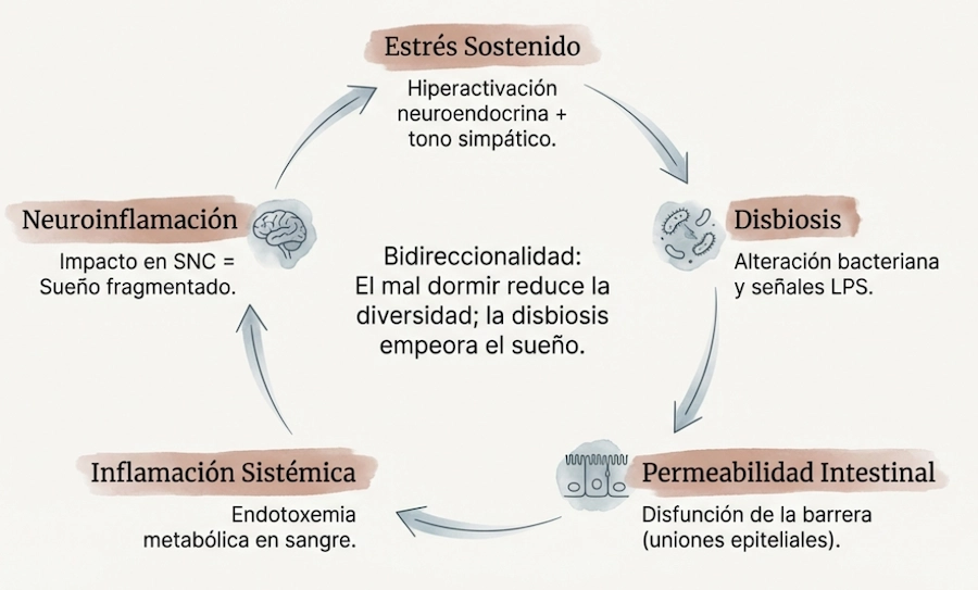 Círculo vicioso de disbiosis, permeabilidad intestinal e inflamación sistémica.