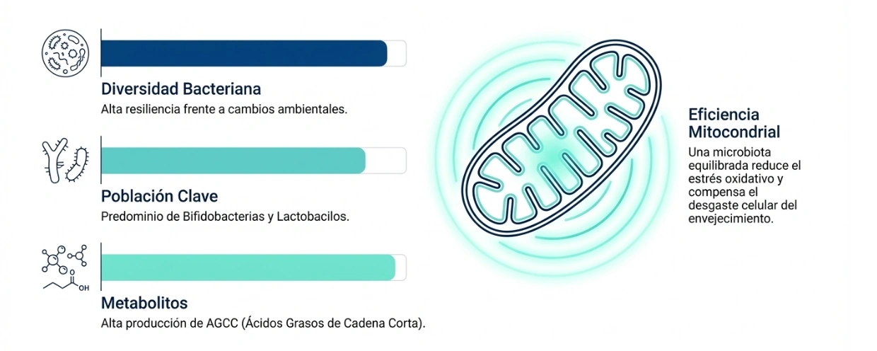 Diversidad bacteriana y eficiencia mitocondrial en envejecimiento saludable