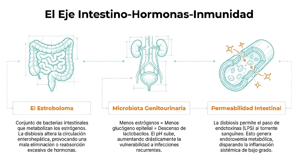 Eje intestino hormonas inmunidad con estroboloma y microbiota genitourinaria