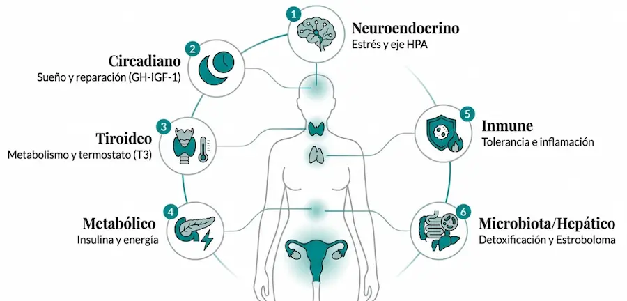 Ejes sistémicos de la fertilidad integrativa: neuroendocrino, inmune y metabólico.