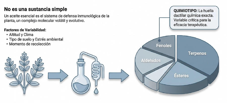 Infografía sobre composición química y factores de variabilidad del aceite esencial quimiotipado.