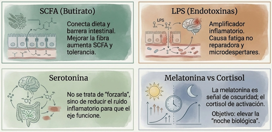 Impacto de metabolitos como butirato, serotonina y cortisol en el ciclo sueño-vigilia.