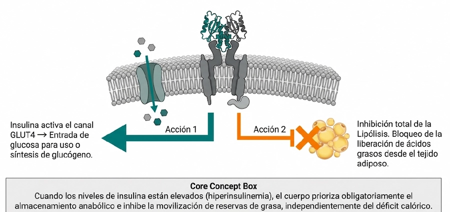 Diagrama de acción de la insulina: activación de GLUT4 y bloqueo de la liberación de ácidos grasos.
