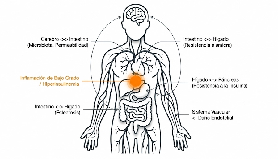 Mapa sistémico de la inflamación de bajo grado: ejes cerebro, intestino, hígado y sistema vascular.