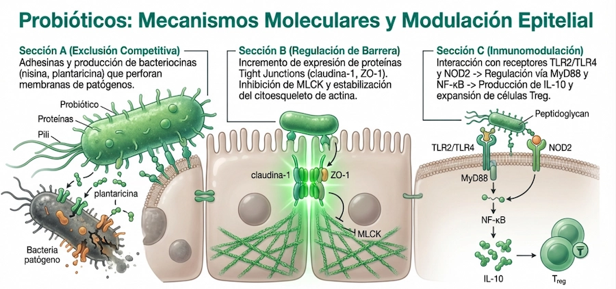 Diagrama de mecanismos de acción de probióticos en el epitelio y mucosa intestinal.
