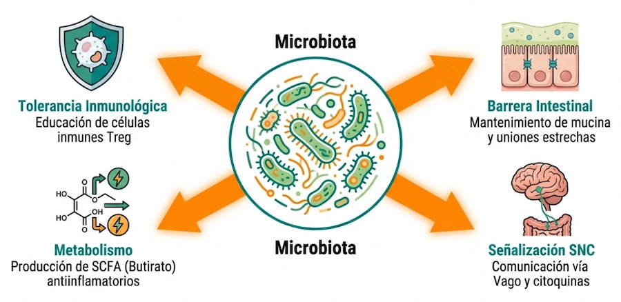 Influencia de la microbiota intestinal en la regulación de la salud sistémica e inmunidad.
