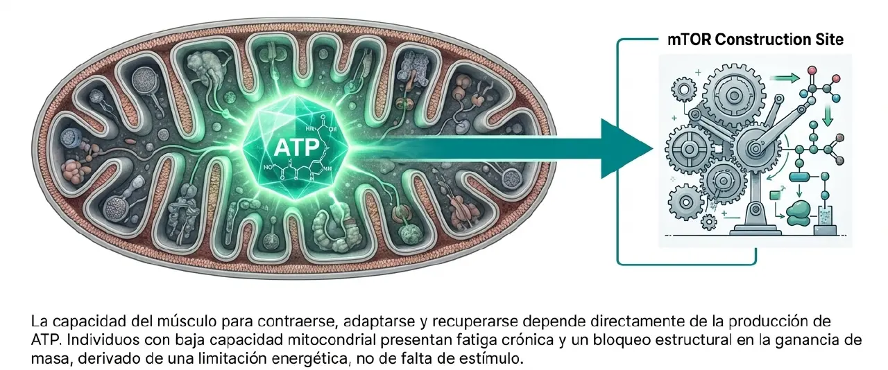 Producción de ATP mitocondrial como motor esencial para la activación de la vía mTOR en el músculo.