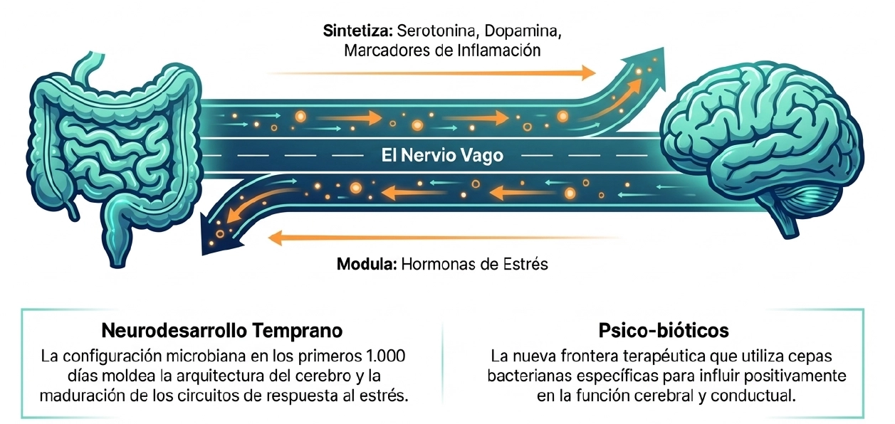Esquema del eje intestino-cerebro y papel de los psicobióticos en el neurodesarrollo temprano infantil.