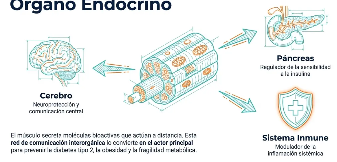 Diagrama del músculo como órgano endocrino: comunicación con cerebro, páncreas y sistema inmune.