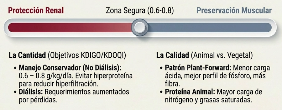 Gráfico de requerimientos proteicos en ERC: protección renal vs músculo.