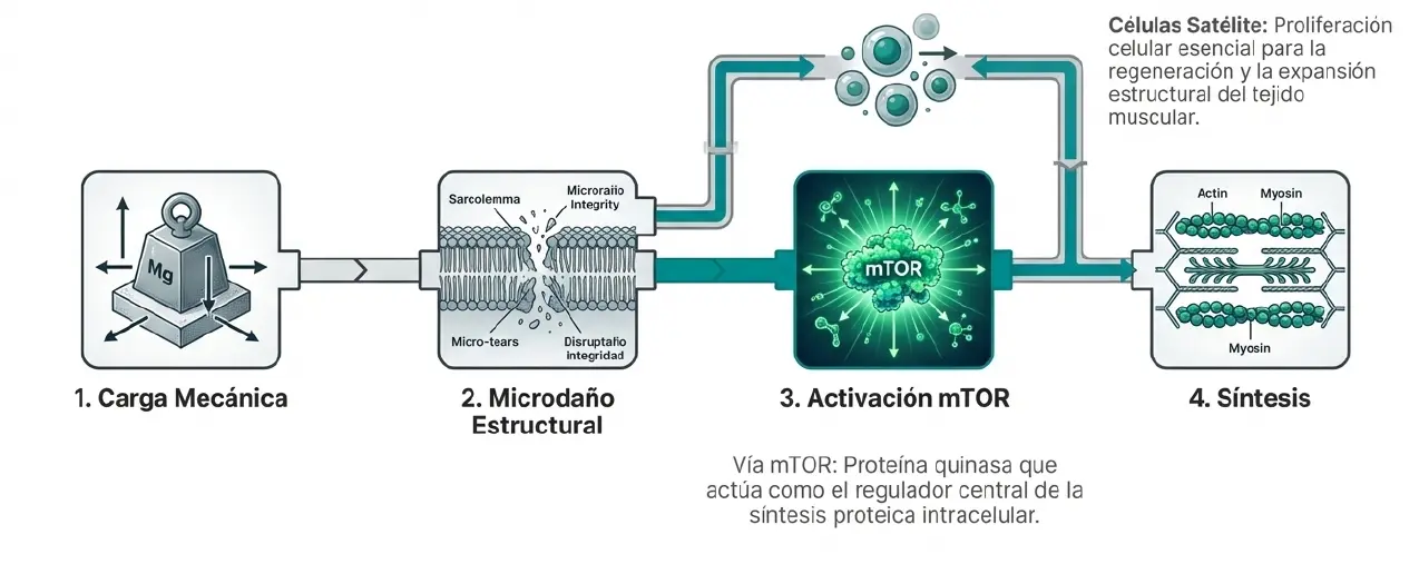 Etapas de regeneración muscular: Carga mecánica, microdaño, activación de mTOR y síntesis proteica.