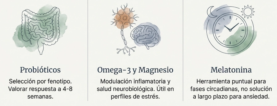 Guía de suplementación para el sueño: probióticos, magnesio, omega-3 y melatonina.