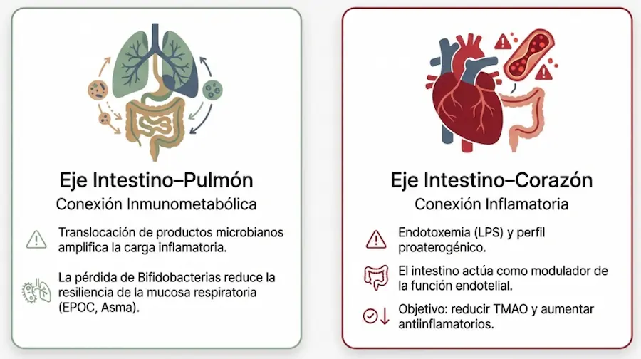Conexiones del eje intestino-pulmón e intestino-corazón y el impacto de la translocación microbiana.