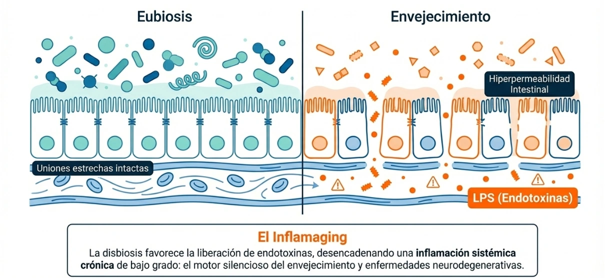 Disbiosis, hiperpermeabilidad intestinal e inflammaging en el envejecimiento
