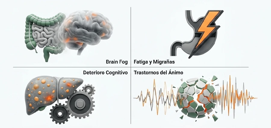Biomarcadores de Salud Intestinal Gráfico visual que muestra escalas óptimas/normales/bajas para Zonulina, Calprotectina, LPS y Metabolómica