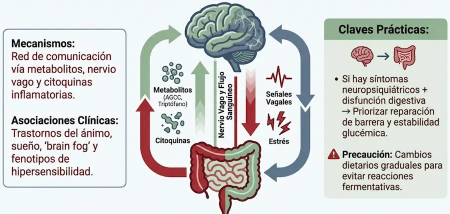 Diagrama del eje intestino-cerebro: comunicación vía metabolitos, nervio vago y citoquinas inflamatorias.