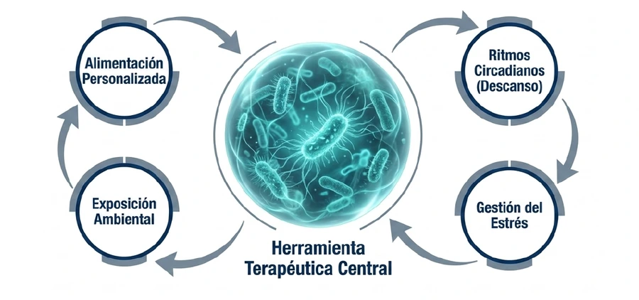 Microbiota como eje terapéutico Relación entre microbiota intestinal, alimentación, sueño, estrés y exposición ambiental