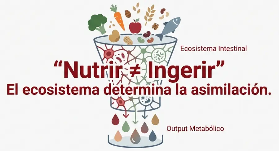 Infografía "Nutrir no es ingerir": el ecosistema intestinal como determinante de la asimilación metabólica.