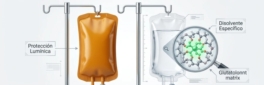 Protección lumínica y disolventes específicos en formulaciones intravenosas sensibles