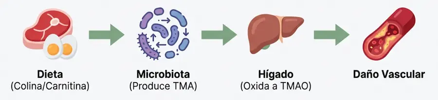 Ruta metabólica del TMAO: de la ingesta de colina y carnitina al daño vascular por microbiota.