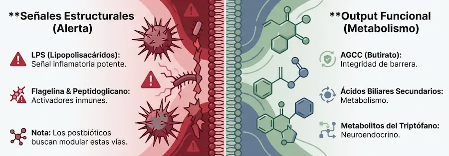 Comparativa de señales estructurales (LPS) y output metabólico (AGCC) en el epitelio intestinal.