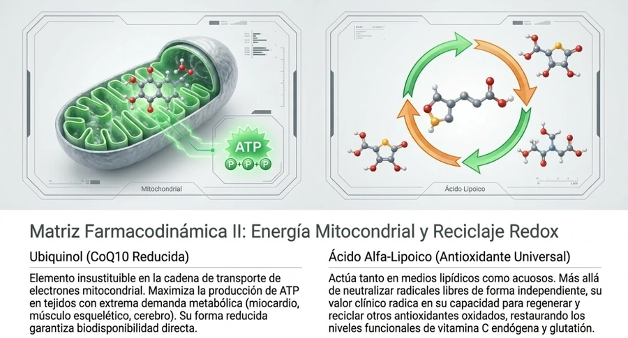 Ubiquinol y ácido alfa lipoico en metabolismo mitocondrial y reciclaje redox